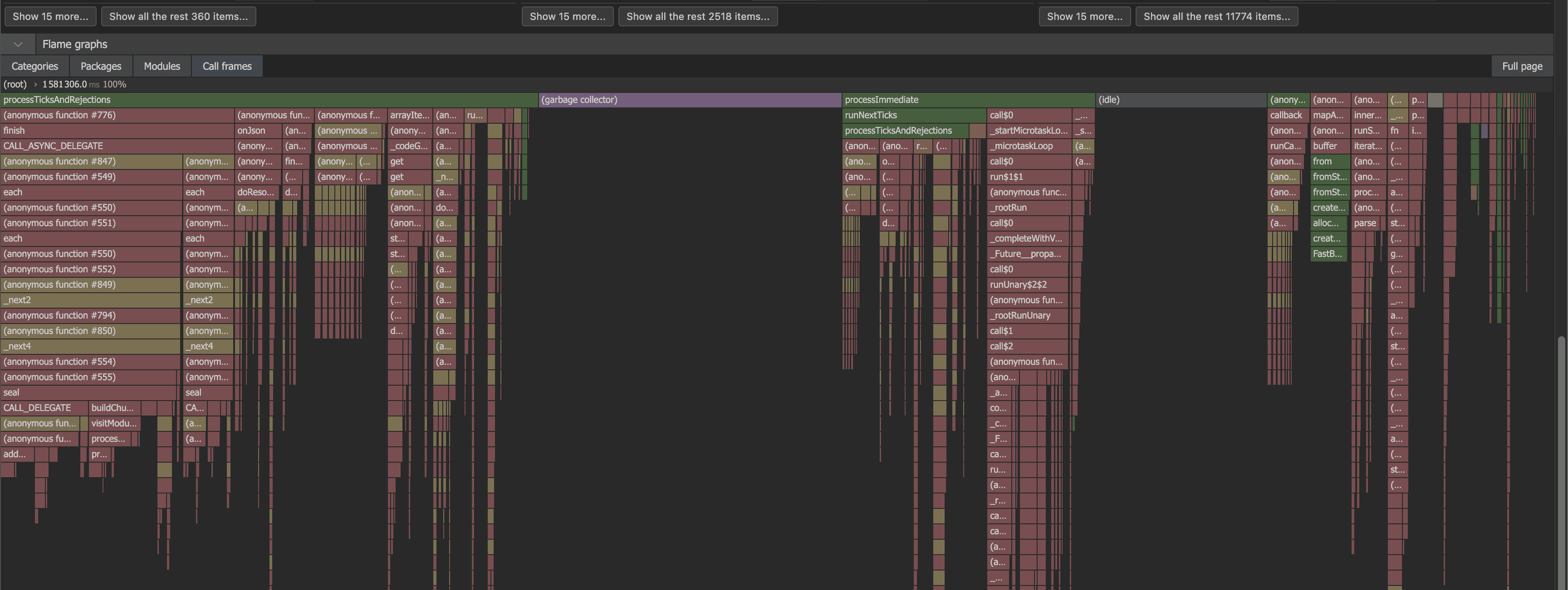 cpupro flamegraph — full build timeline with wide plateaus during webpack seal and code generation
