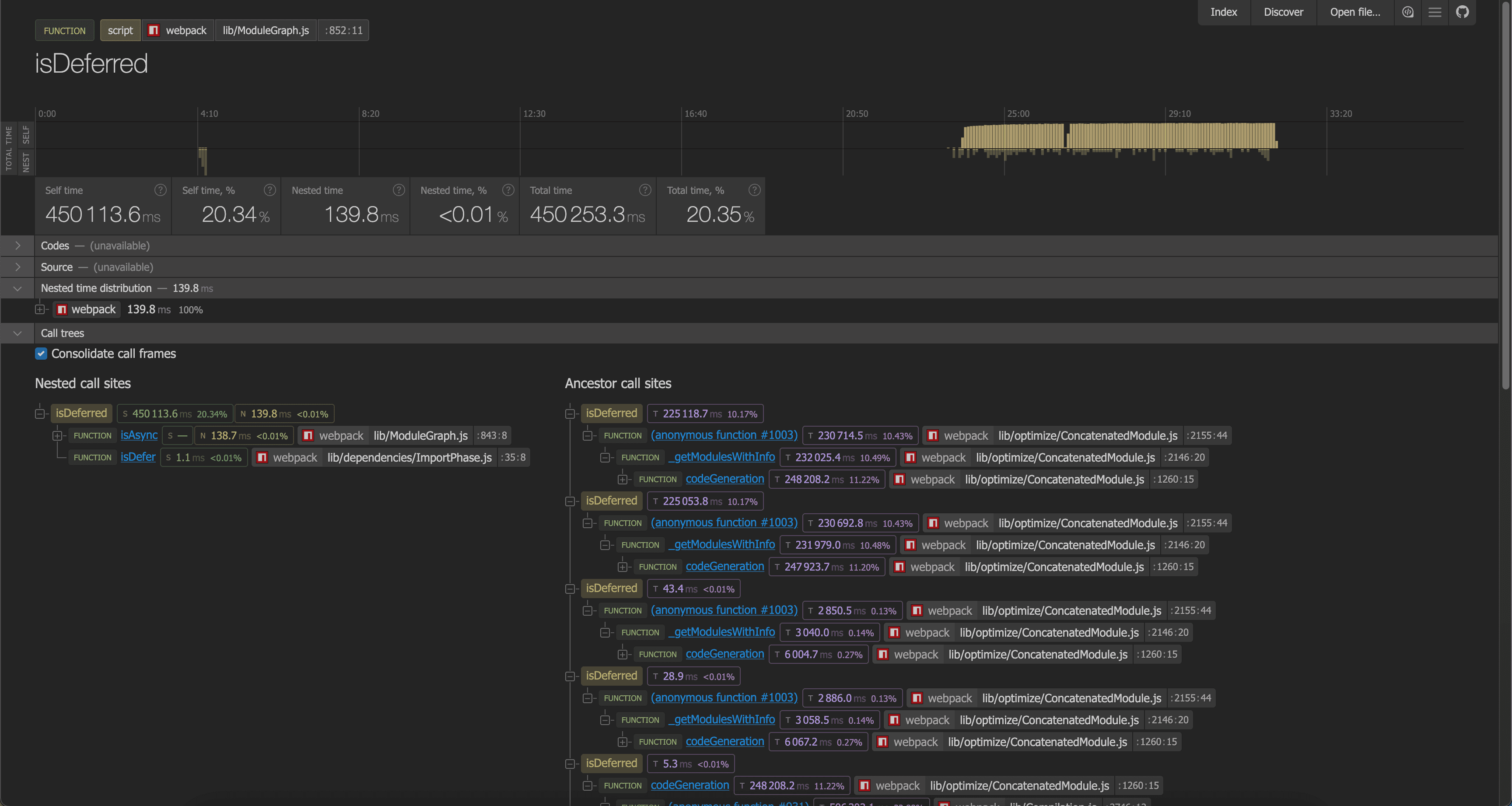 cpupro showing isDeferred call sites — nested calls from _getModulesWithInfo and codeGeneration in ConcatenatedModule.js